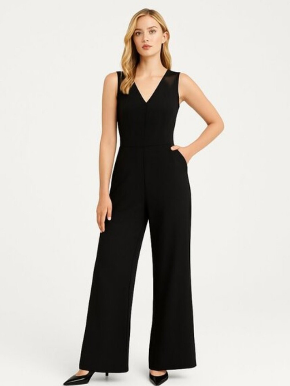 SPANX Perfect Black V-Neck Wide Leg Jumpsuit Chic